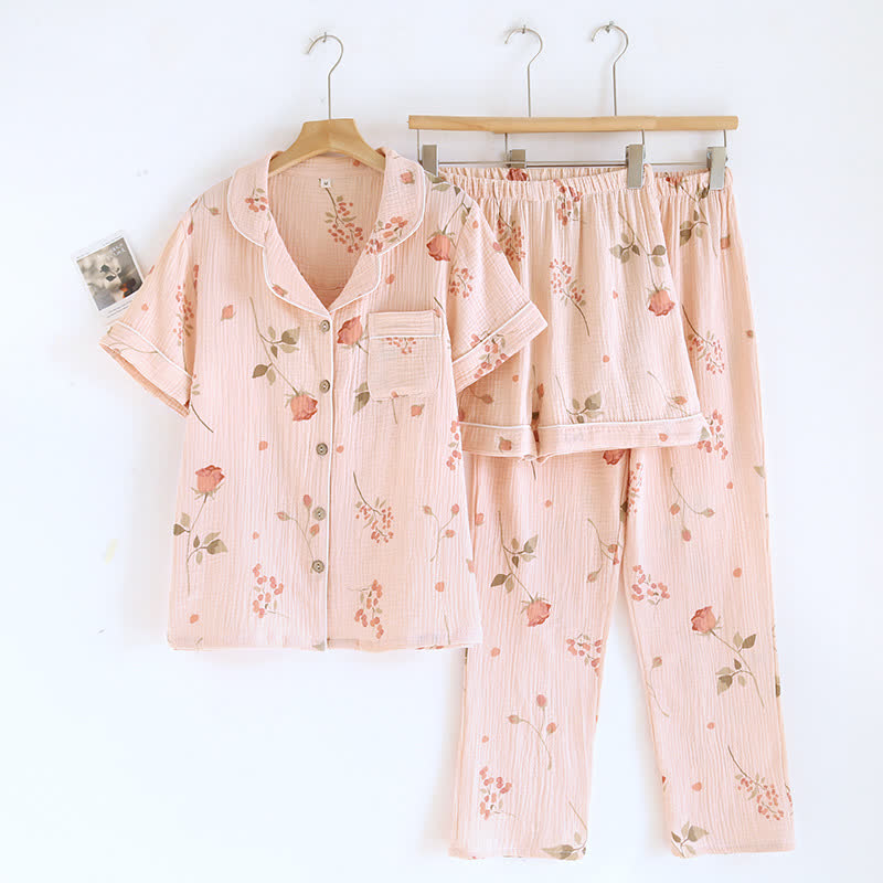 Ryxilo Rural Rose Cardigan Cotton Gauze Pajama Set(3PCS)