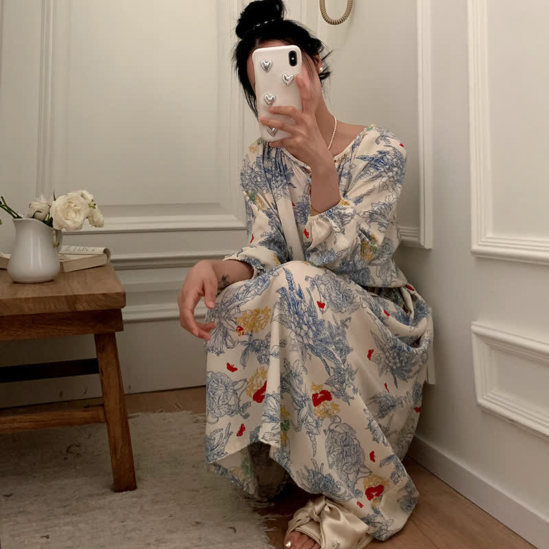 Ryxilo Pastoral Loose Satin Casual Nightdress