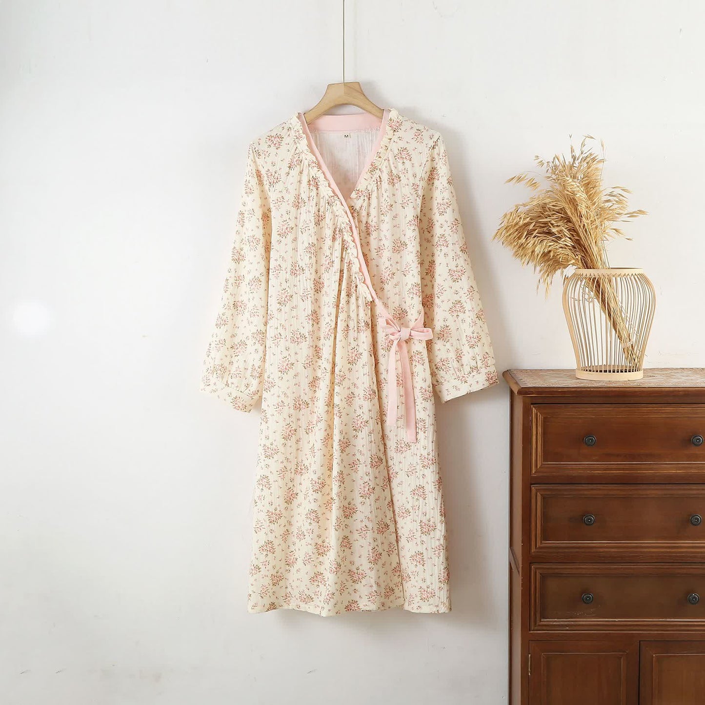 Ryxilo Cotton Double Gauze Floral Long Sleeve Nightdress
