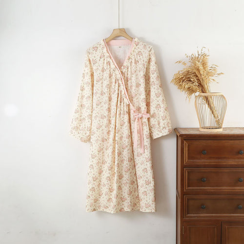 Ryxilo Cotton Double Gauze Floral Long Sleeve Nightdress