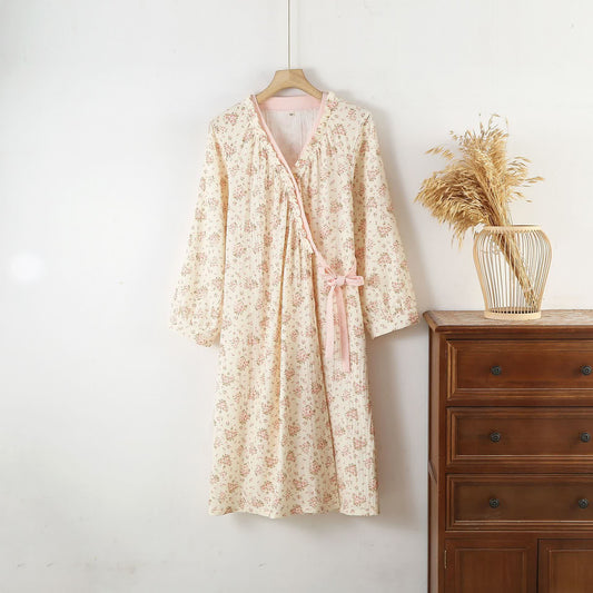 Ryxilo Cotton Double Gauze Floral Long Sleeve Nightdress
