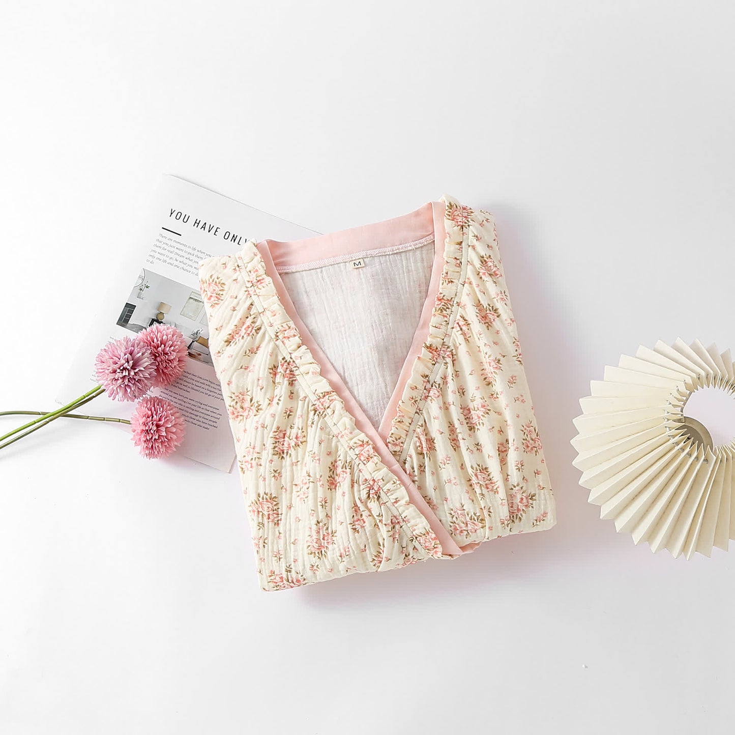 Ryxilo Cotton Double Gauze Floral Long Sleeve Nightdress