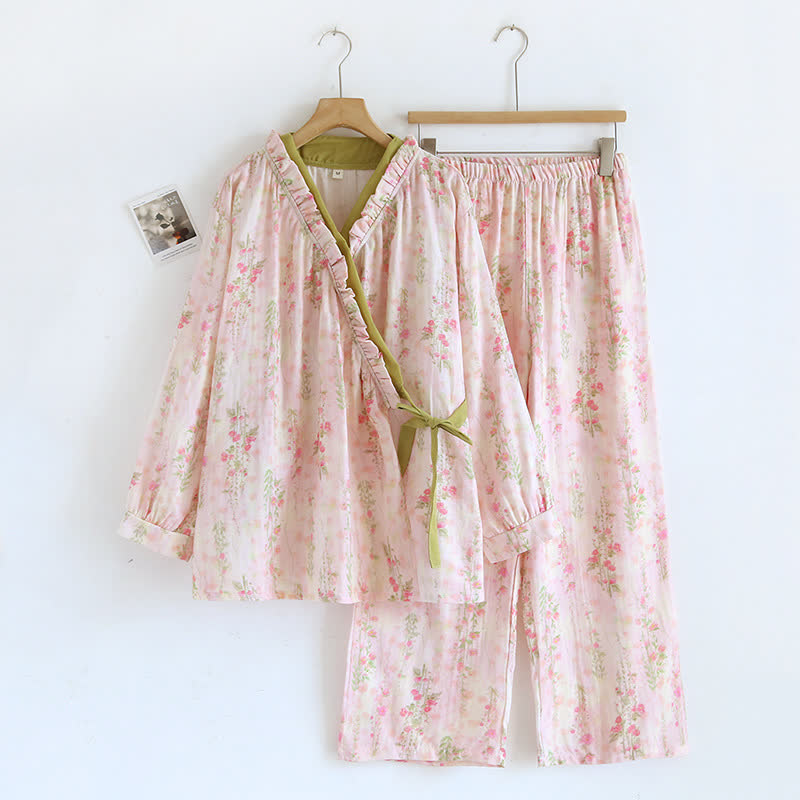 Ryxilo Rose Print Cotton Gauze Asymmetric Front Loungewear Set