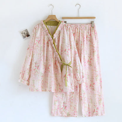 Ryxilo Rose Print Cotton Gauze Asymmetric Front Loungewear Set