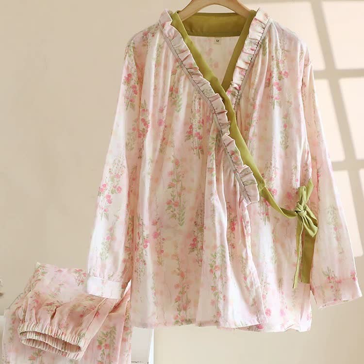 Ryxilo Rose Print Cotton Gauze Asymmetric Front Loungewear Set