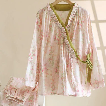 Ryxilo Rose Print Cotton Gauze Asymmetric Front Loungewear Set