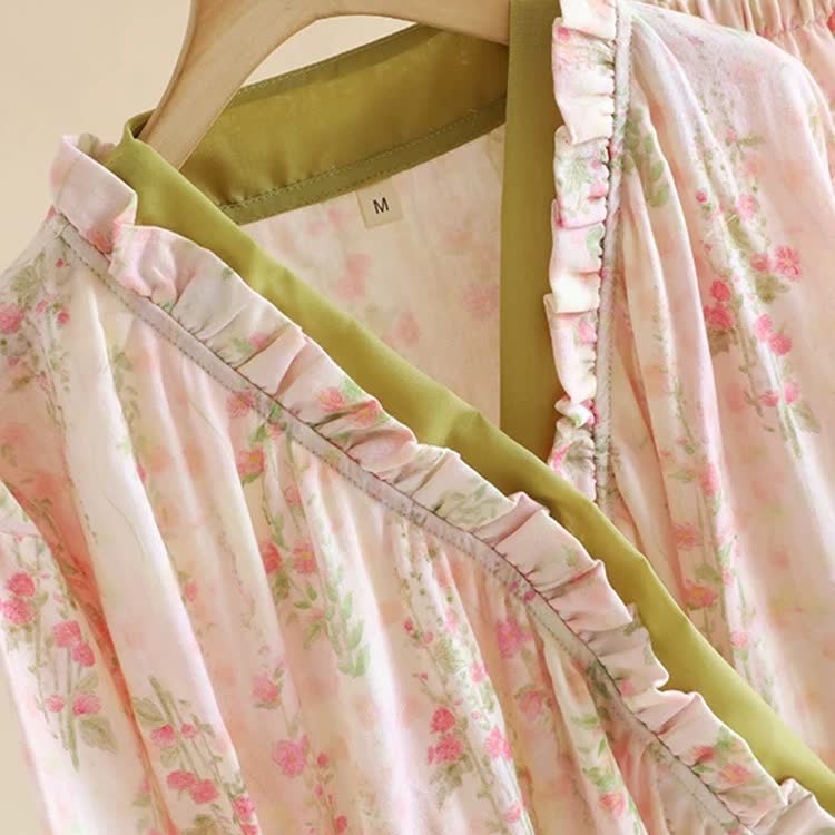 Ryxilo Rose Print Cotton Gauze Asymmetric Front Loungewear Set