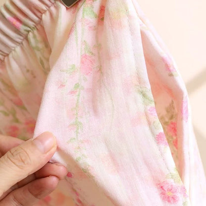 Ryxilo Rose Print Cotton Gauze Asymmetric Front Loungewear Set