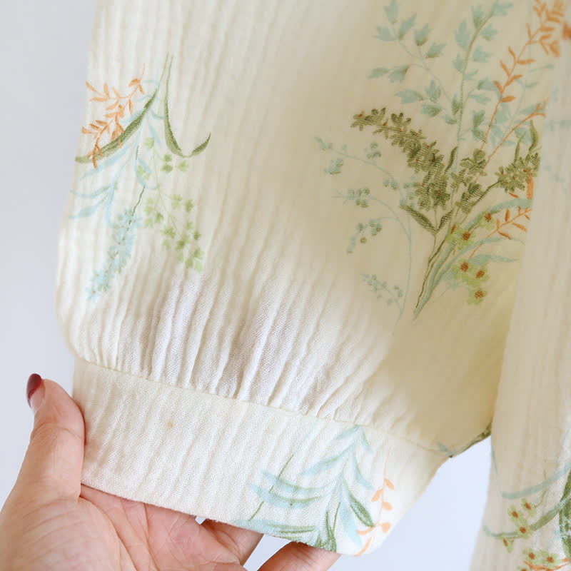 Ryxilo Plant Cotton Gauze Long Sleeve Nightgown with Pocket
