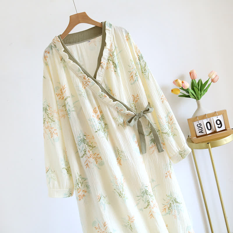 Ryxilo Plant Cotton Gauze Long Sleeve Nightgown with Pocket