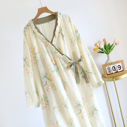 Ryxilo Plant Cotton Gauze Long Sleeve Nightgown with Pocket