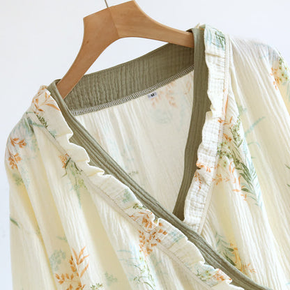 Ryxilo Plant Cotton Gauze Long Sleeve Nightgown with Pocket