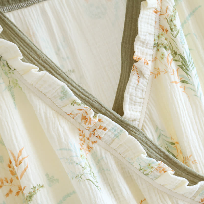 Ryxilo Plant Cotton Gauze Long Sleeve Nightgown with Pocket